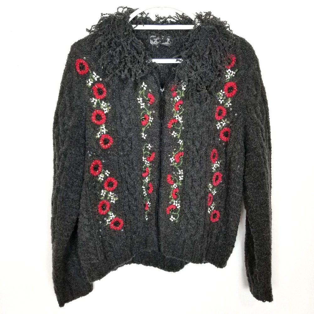 Berek Takako Sakon Women Zip‎  Cardigan Sweater Sz L Black Floral Fur Wool Blend